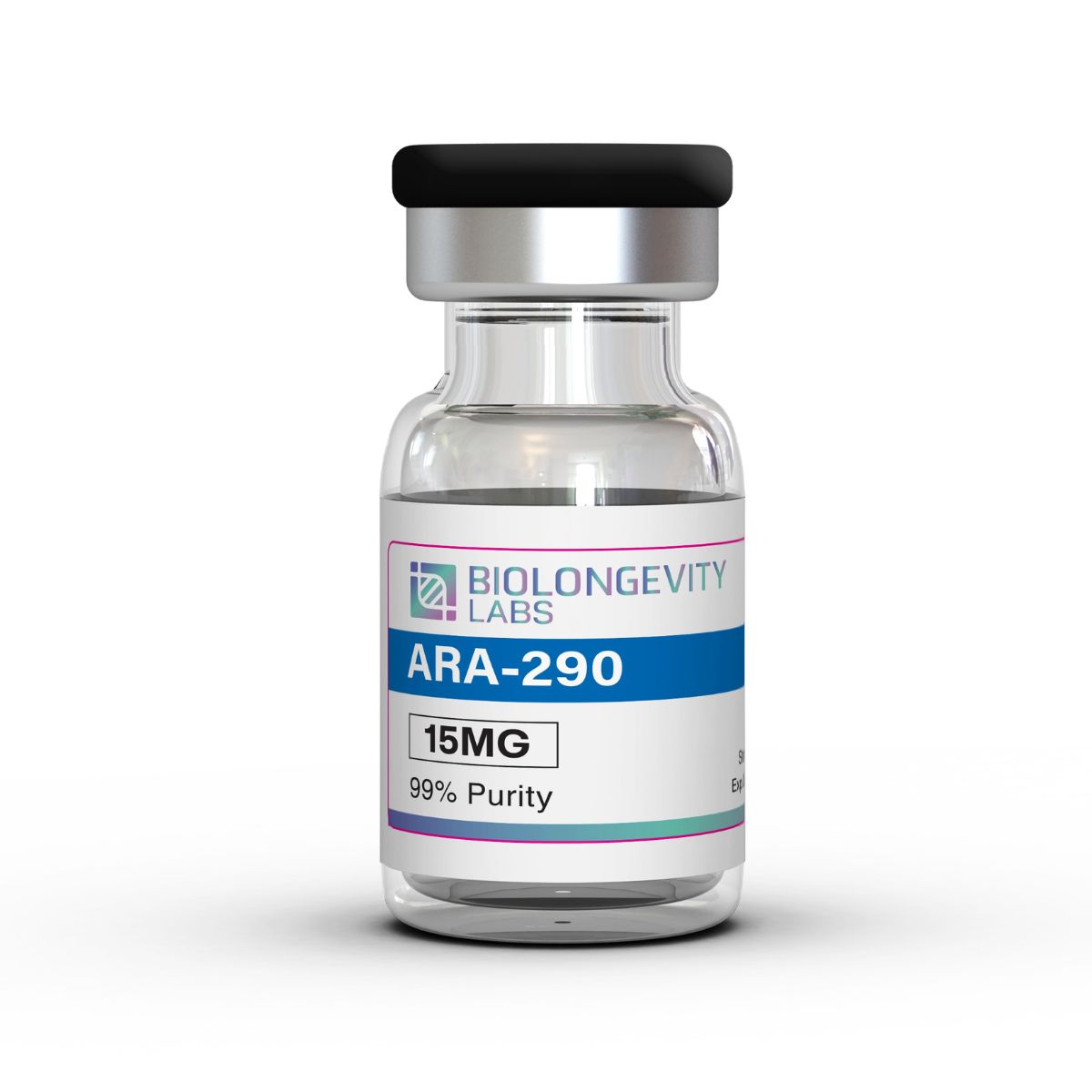 Glass vial with prescription cap labeled ARA-290 15MG 99% Purity from Biolongevity Labs.