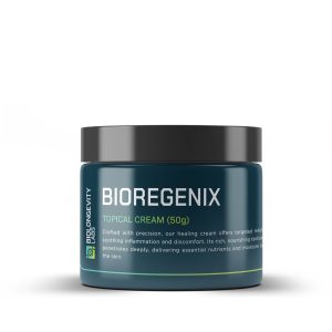 Biolongevity Labs BIOREGENIX topical cream in a 50g teal jar with black lid. Label describes a healing cream for targeted relief, soothing inflammation, and delivering nutrients to the skin