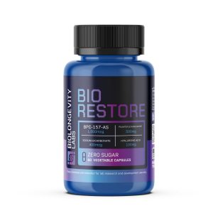 BIO RESTORE capsule bottle containing BPC-157-AS (1,000mcg), Palmitoylethanolamide (500mg), Sodium-Bicarbonate (400mg), and Hyaluronic Acid (100mg). 60 vegetable capsules for research use only.