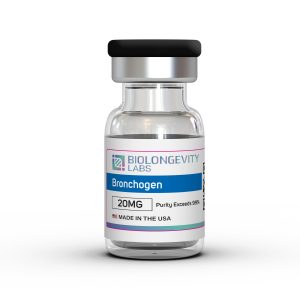Glass vial with stopper cap labeled Bronchogen 20MG 99% Purity from Biolongevity Labs.