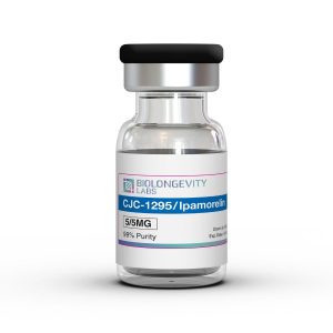 Glass vial with sealed cap labeled CJC-1295 Ipamorelin Blend 10MG 99% Purity from Biolongevity Labs.