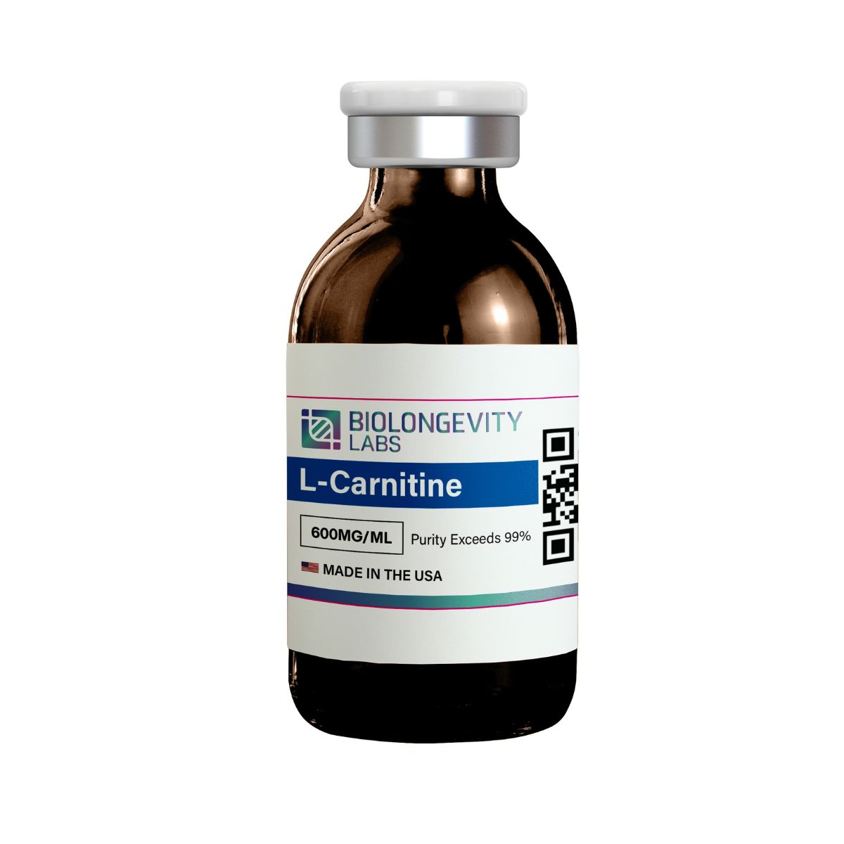 Amber glass vial of Biolongevity Labs L-Carnitine, 600MG/ML, with purity exceeding 99%, made in the USA.