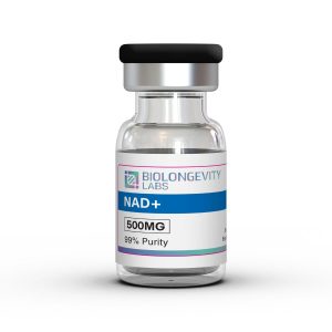 Glass vial with sealed cap labeled NAD+ 500MG 99% Purity from Biolongevity Labs.