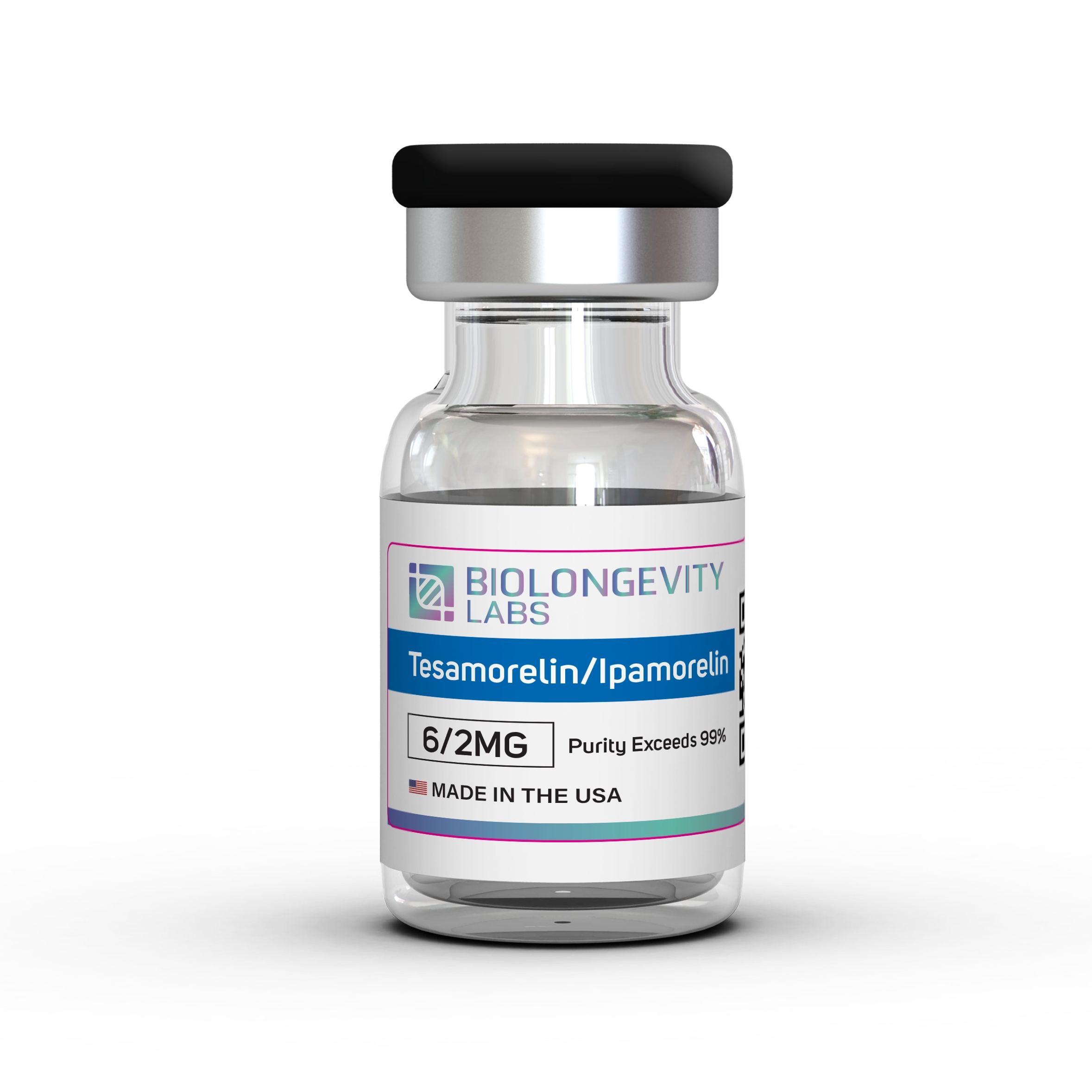 Glass vial of Biolongevity Labs Tesamorelin/Ipamorelin, 6/2MG, with purity exceeding 99%, made in the USA